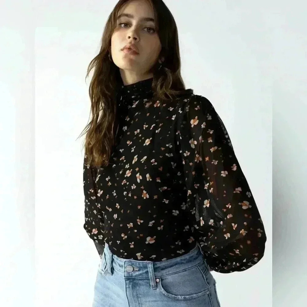 Sanctuary Blouse With Mesh Long Blouson Sleeves, Mock Neck, Black Print XS